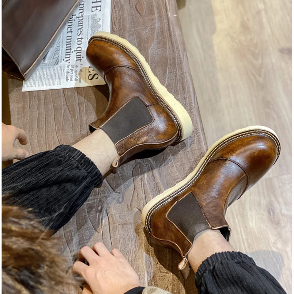 Leather Work Oxfords - Bottes Chelsea rétro en cuir véritable