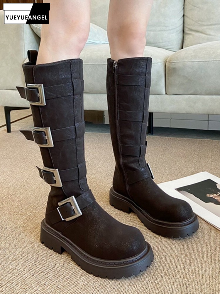 Leatherwork Boots - Bottes hautes multi-boucles pour femmes, style