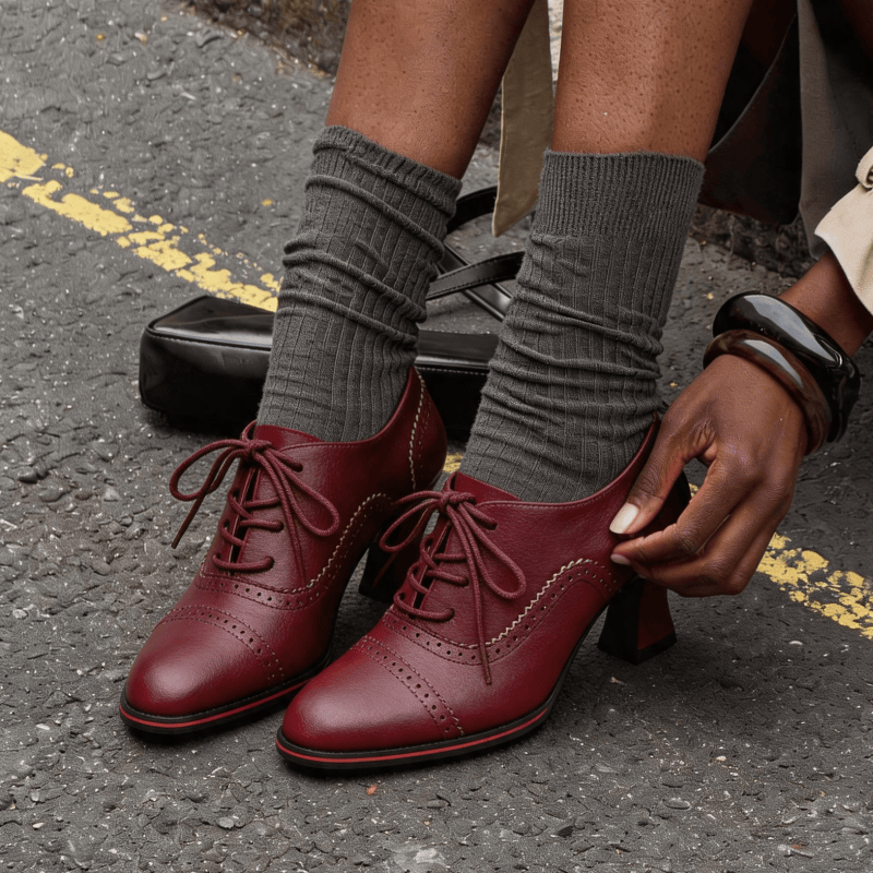 Leather Work Oxfords - Chaussures Oxford à talons mi-hauts évasés